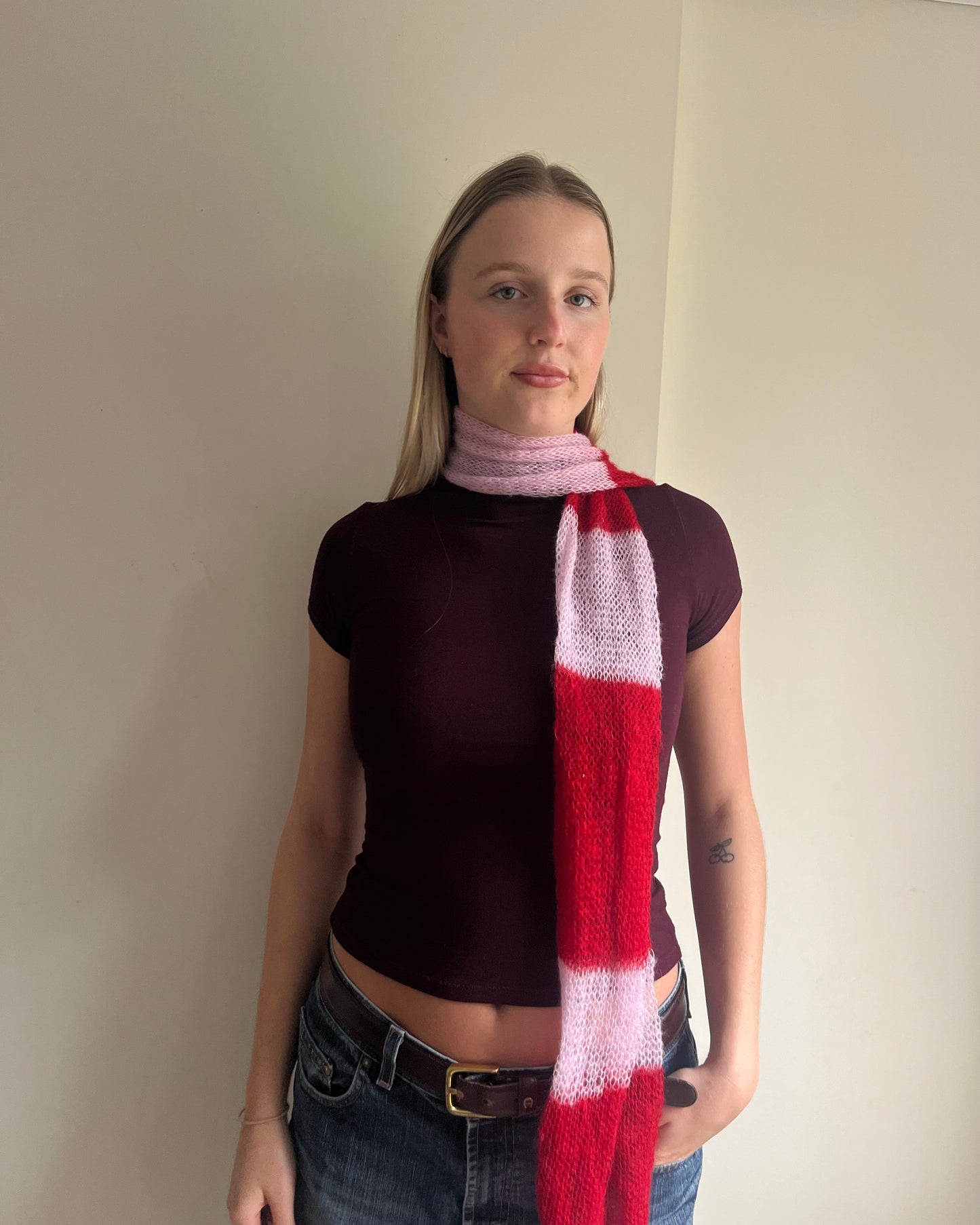 Mohair Stripe Knit Scarf | Cherry