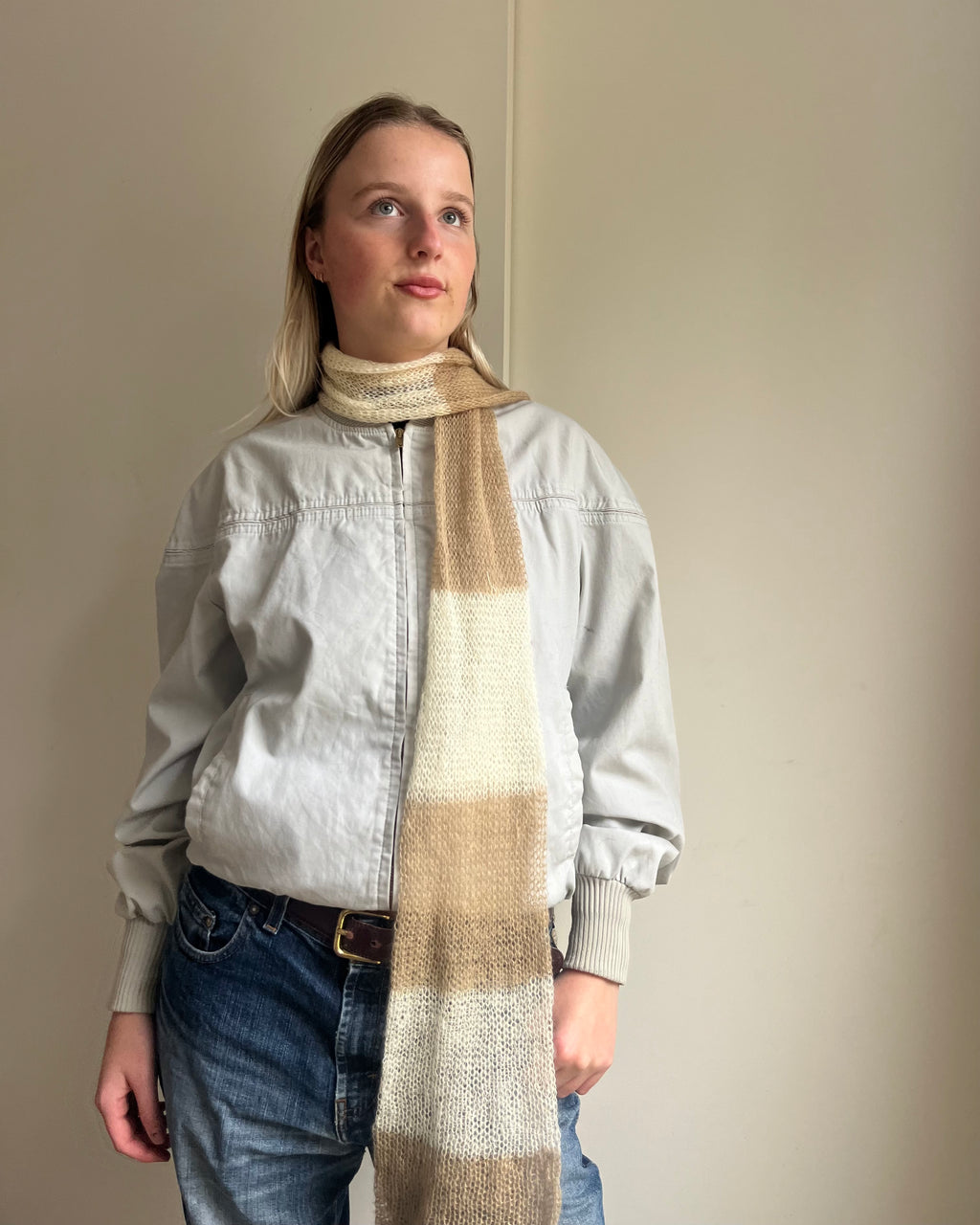 Mohair Stripe Knit Scarf | Beige